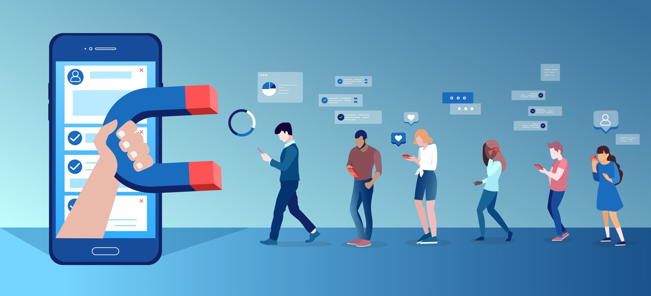 Vector of a group of people using mobile gadgets communicating being attracted by social media app platform